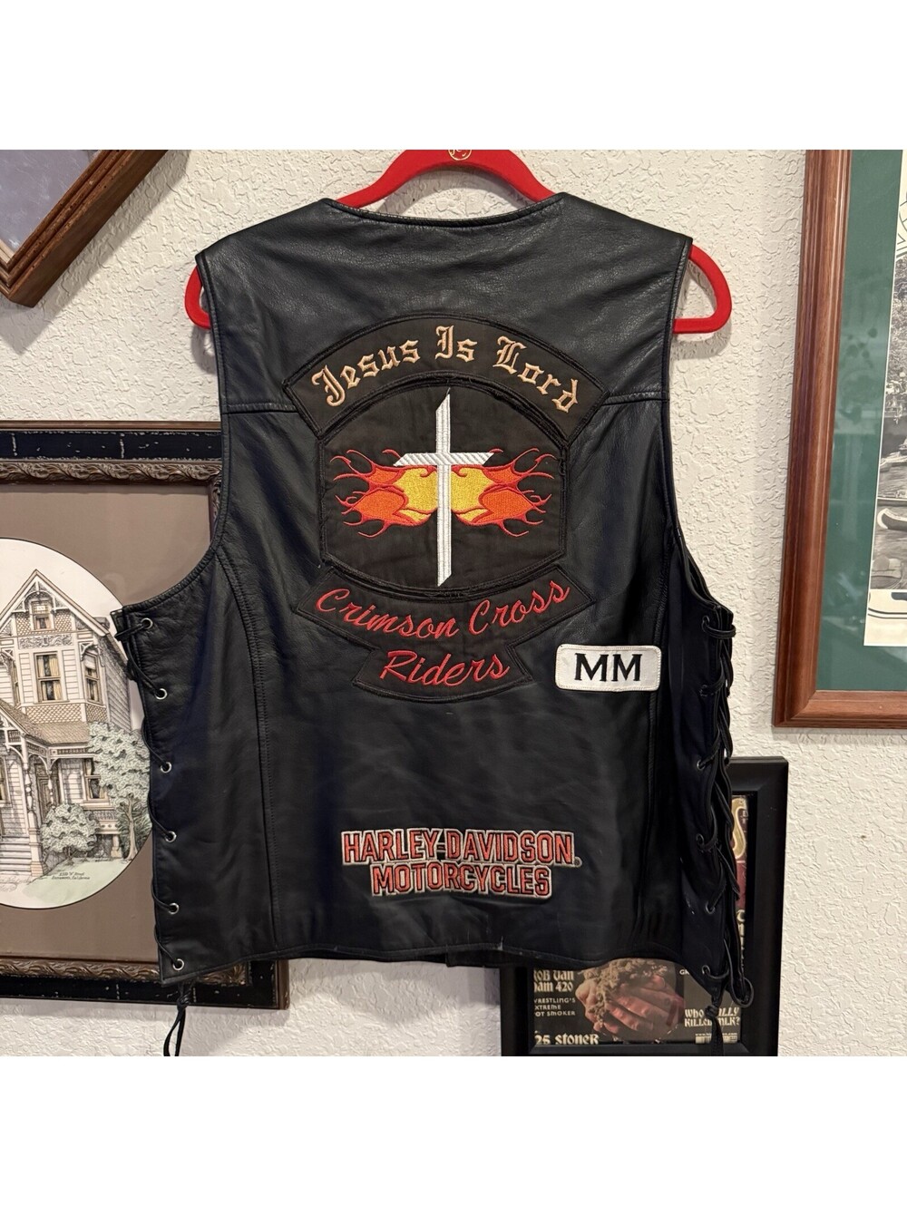 Vintage 90s RARE Harley Davidson Jesus Is Lord Willie G Leather Biker Vest Large